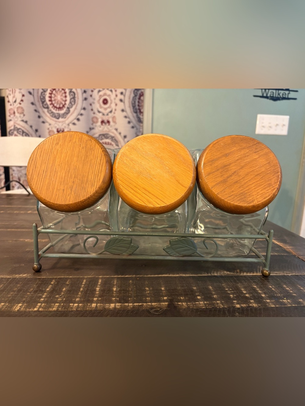 Kamenstein Set of 3 Glass Canisters Wood Sealing Lid Metal Rack Stand Green Leaf